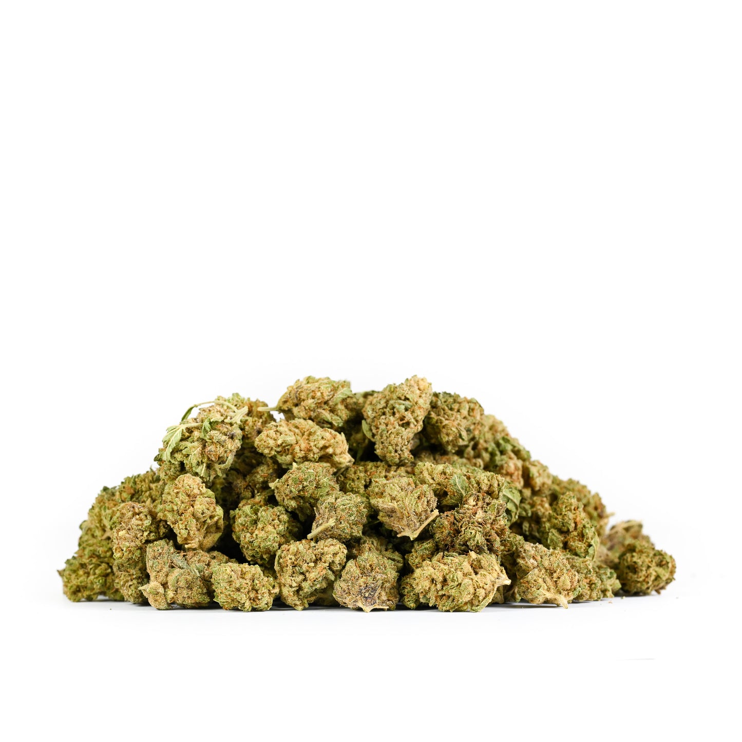 
                  
                    A mound of frosty, dime-sized Cakeberry small buds with dense shimmering trichomes and shades of light green.
                  
                