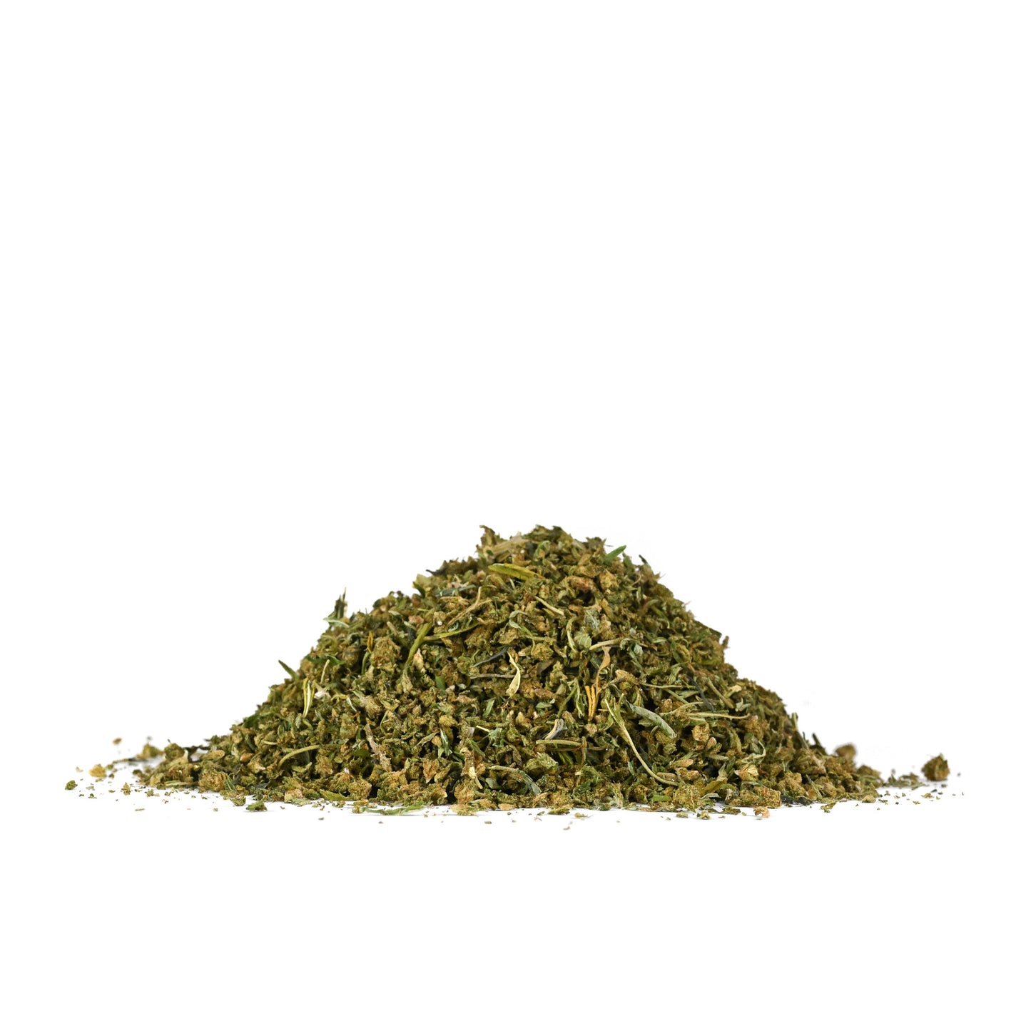 A mound of OG Lime CBD trim containing sugar leaf and small flower fragments.