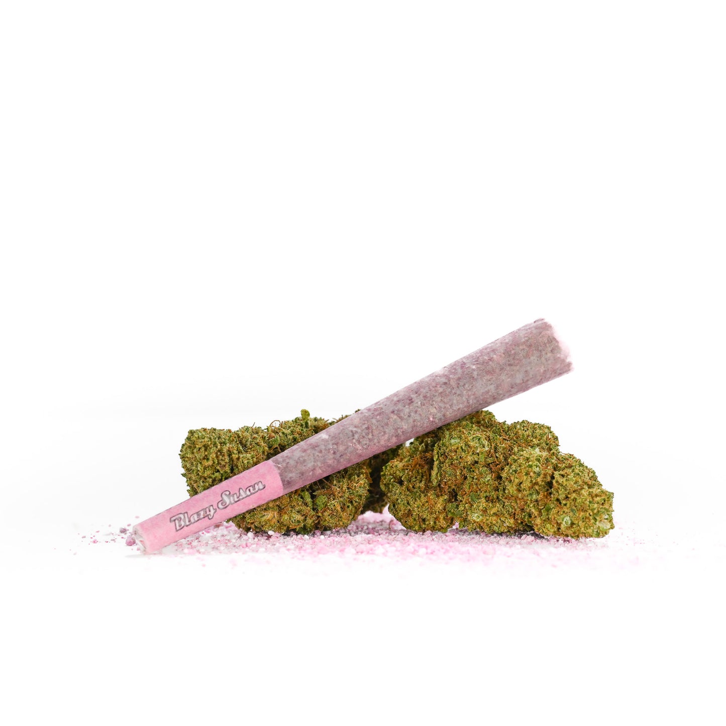 A pink Sour Lifter pre-roll resting on Sour Lifter Nugs